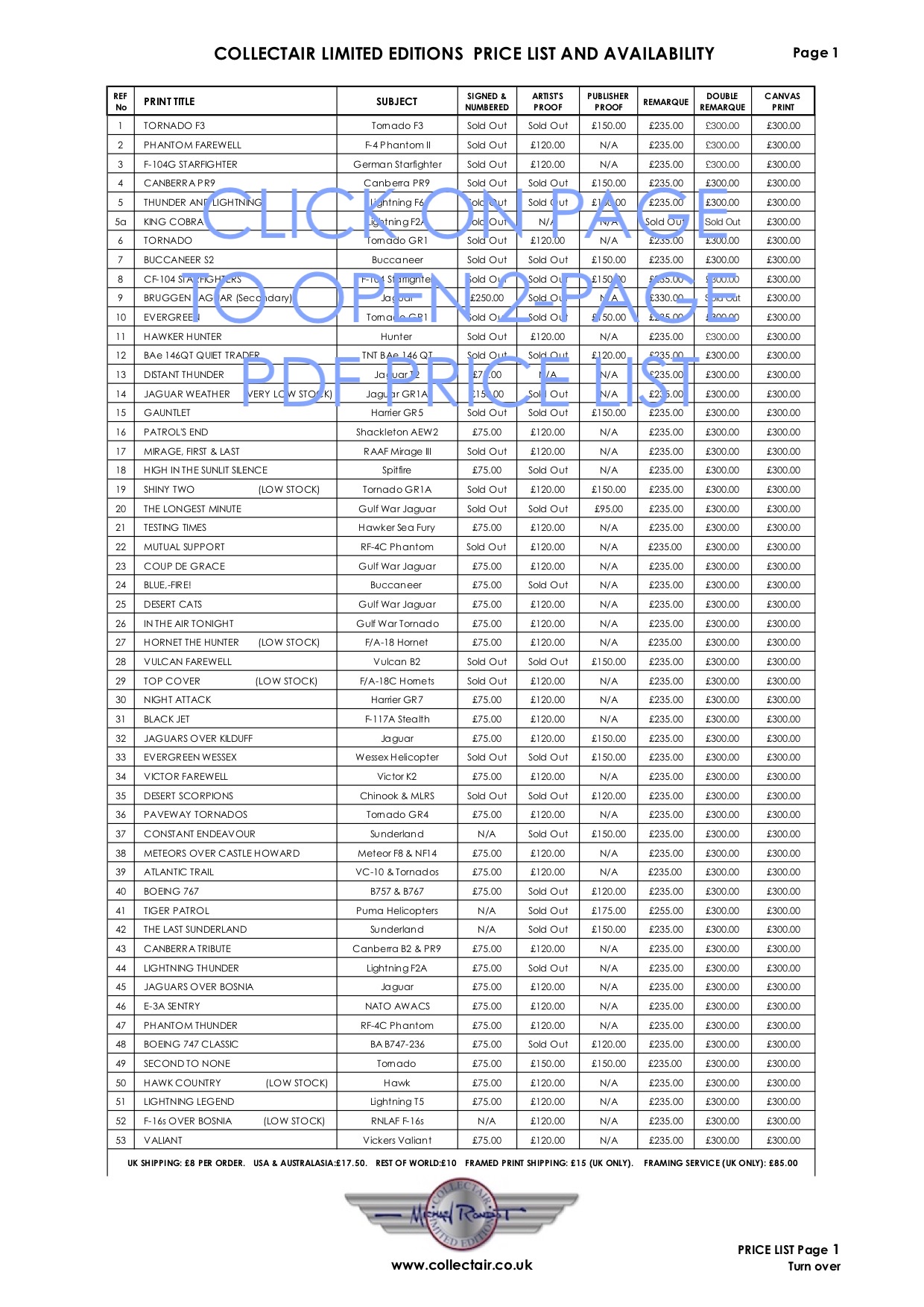 Collectair.co.uk Price List